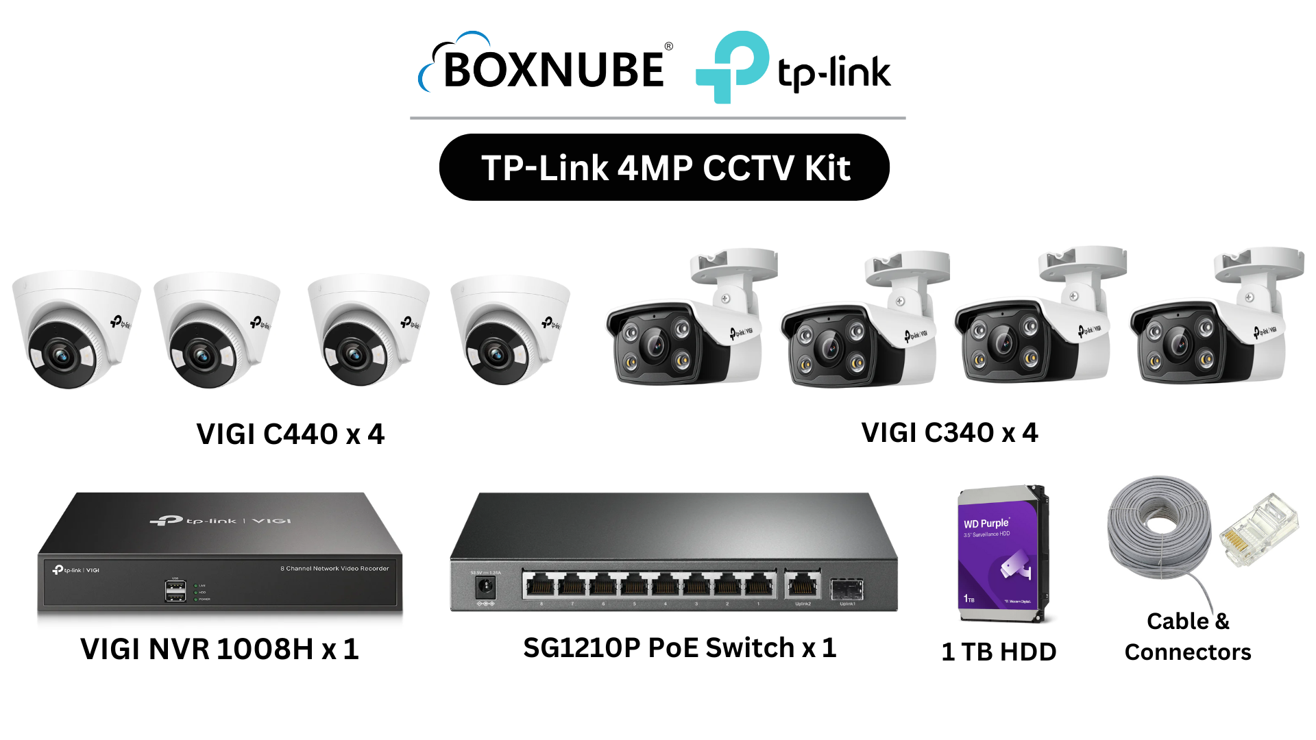TP-Link VIGI 4MP 8 Camera Kit Bundle 4 x VIGI C340 Bullet 4 x VIGI C440 Turret, 8 Channel NVR, 8 Port PoE Gigabit Switch, 100M CAT6 Cable, RJ45 Plug TP-Link VIGI 4MP 8 Camera Kit Bundle 4 x VIGI C340 Bullet 4 x VIGI C440 Turret, 8 Channel NVR, 8 Port PoE Gigabit Switch, 100M CAT6 Cable, RJ45 Plug